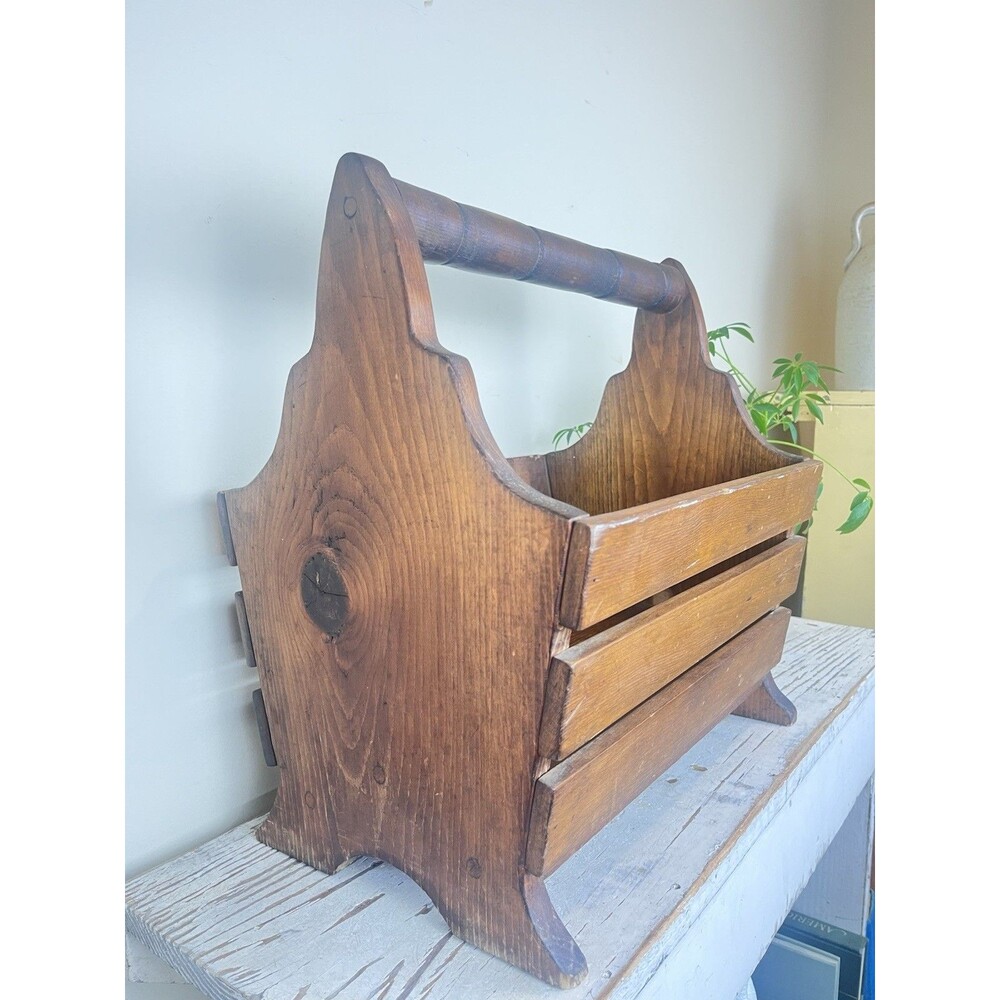 Vintage Rustic MCM Wooden Magazine Rack / Newspaper Holder With Handle Cottage